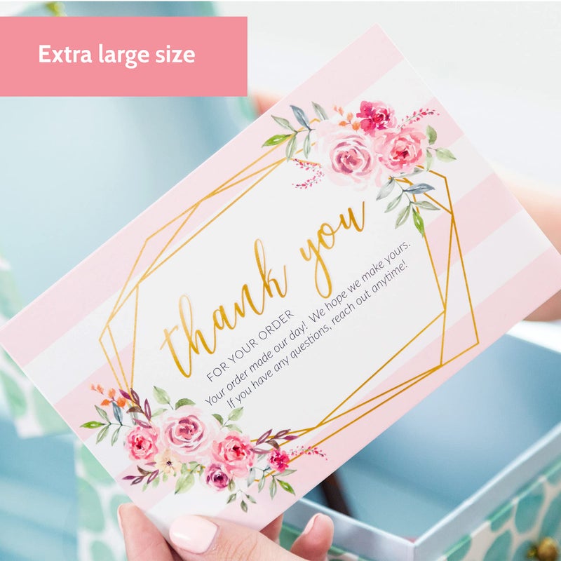 T MARIE 50 Large 4x6 Pink Thank You Postcards Small Business Supplies for Boutique Shops - Faux Gold and Pink Floral Thank You For Your Order and Thanks For Supporting My Small Business Cards - Image 2